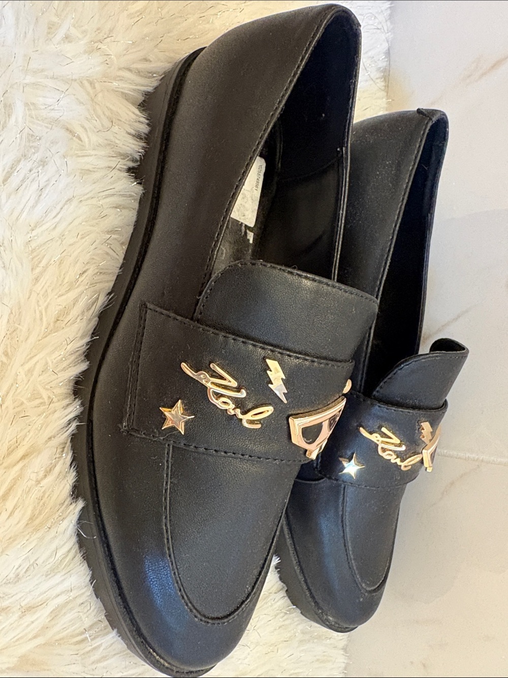 Karl Lagerfeld Black Loafers with Gold Logo Charms